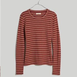 NWT! Madewell Fine Ribbed Crewneck Long Sleeve Tee Macey Stripe Dark Merlot XL